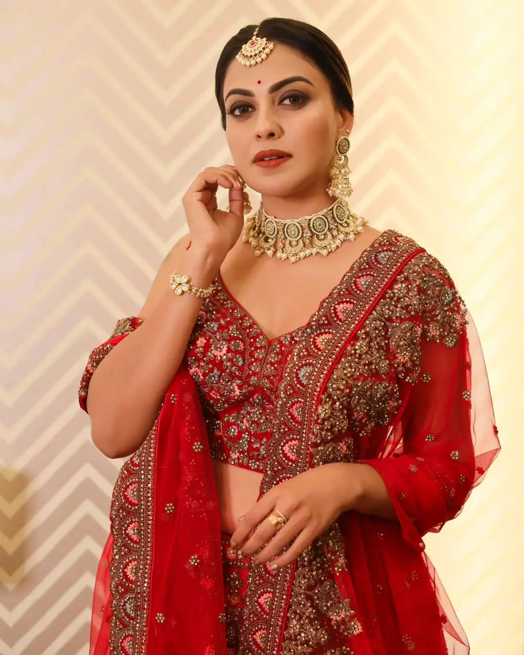 Anusree Nair Wearing Beautiful Earrings Jewellery Red Lehenga Choli